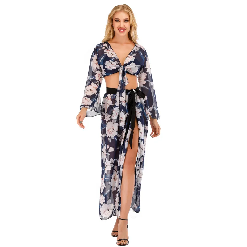 Cache maillot de bain deux pièces en Polyester, imprimé Floral, Sexy, Protection solaire, pour femmes, vêtements de plage, pour l'été