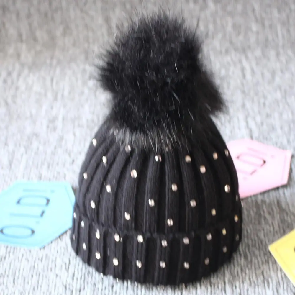 Newborn Winter Warm Fur Pom Gem Bobble Knit Beanie Hat Toddler Knit Woolen Yarn Hats