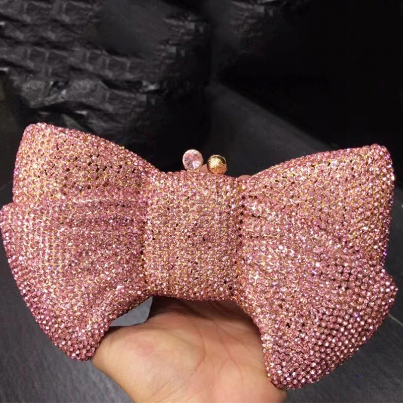 Pink Women's Crystal Evening Clutch Luxury Bow-Shaped Rhinestone Lady Party Wedding Purse Prom Bridal Clutches Diamond Bags