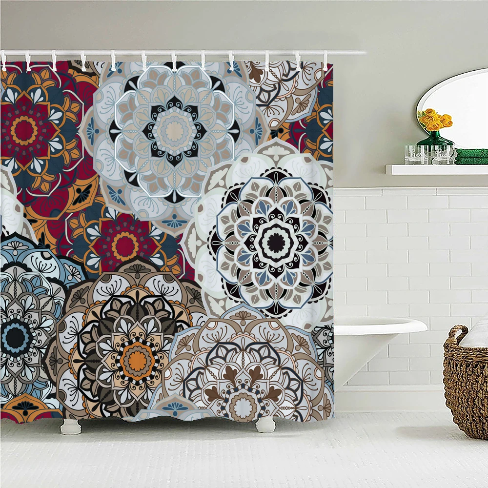 Bohemian Beach Fabric Shower Curtain Bathroom Curtains Indian Mandala Flower Waterproof Fabric Bath Screen with 12 Hooks