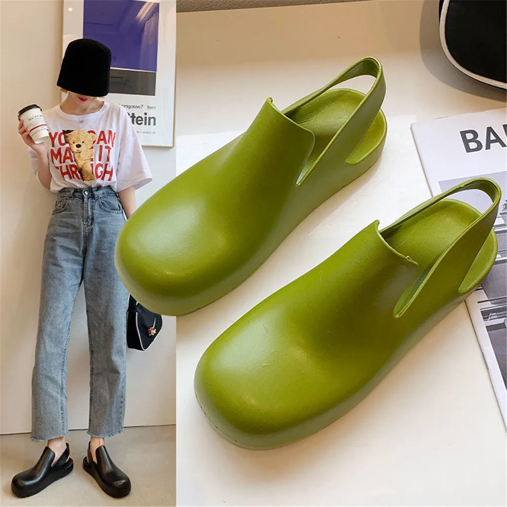 2024 New Summer Soft Bottom Sandals Female Flats Simple Outer Wear Baotou Rain Shoes Jelly Plastic Water Shoes Green Black Brown