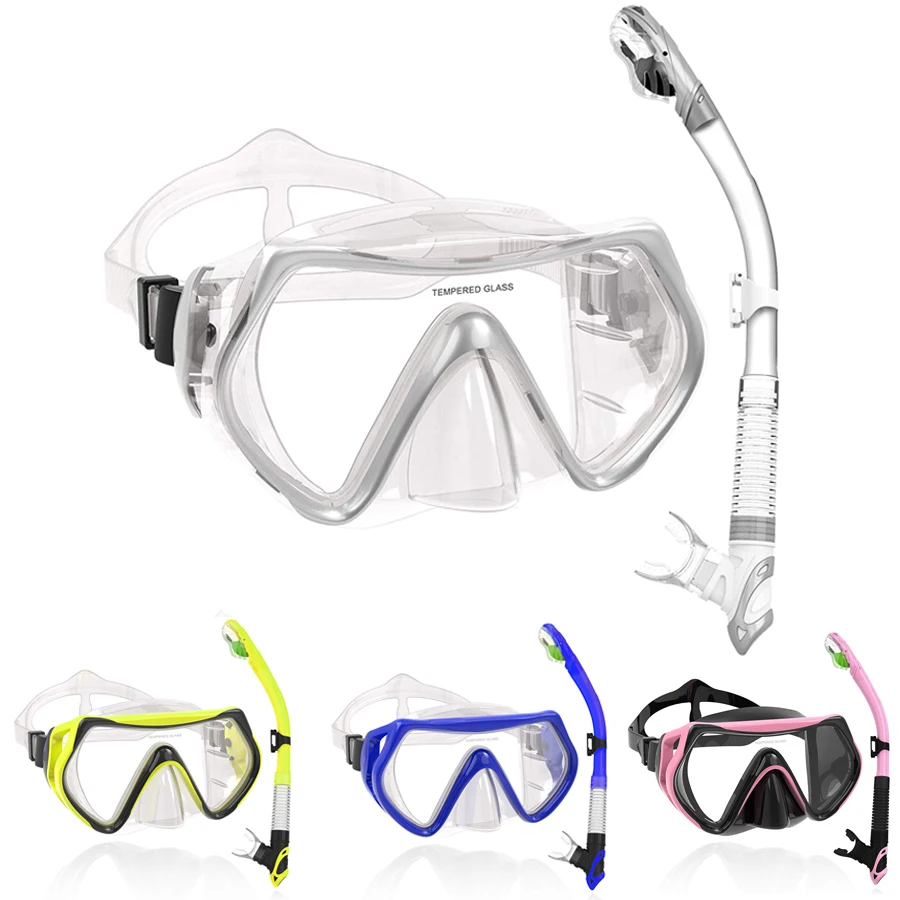 Snorkel Set Adult, Anti-Leak Snorkel Mask Gear, Panoramic Scuba Mask, Dry Top Snorkeling Set for Women Man Diving Gear