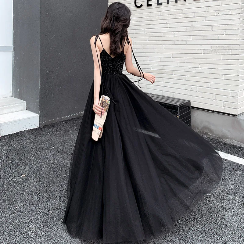 2020 New Fashion Banquet Long Evening Dress Women Thin Sexy Black Prom Dress Spaghetti Strap Beading Banquet Party Dress Backles