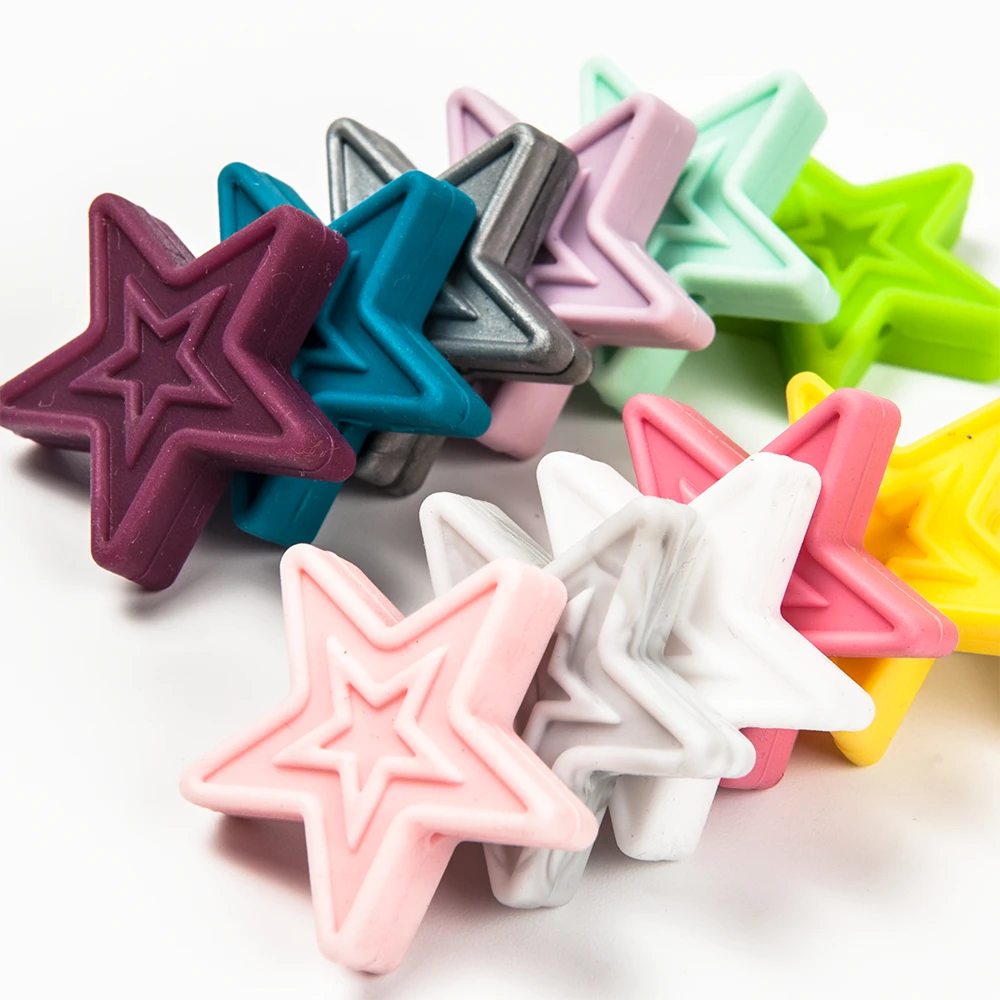 Cute-idea 10pcs Pentagram Food Grade BPA Free Silicone Star Teether Loose Beads DIY  Baby Teething Necklace Bracelet kids toys