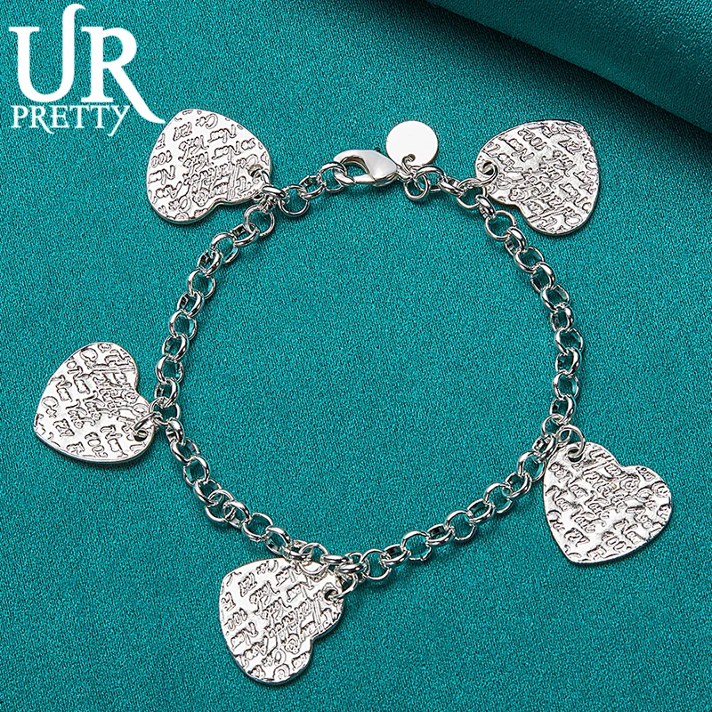 

URPRETTY 925 Sterling Silver Five Love Heart Chain Bracelet For Women Wedding Engagement Party Charm Jewelry