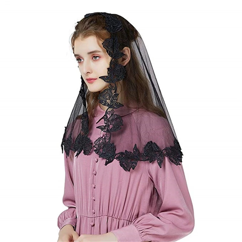 Women D shape Mantilla Veils Head Covering for Church Catholic Chapel Headwrap Tulle Lace Spanish Black Ivory Rose Floral Clip