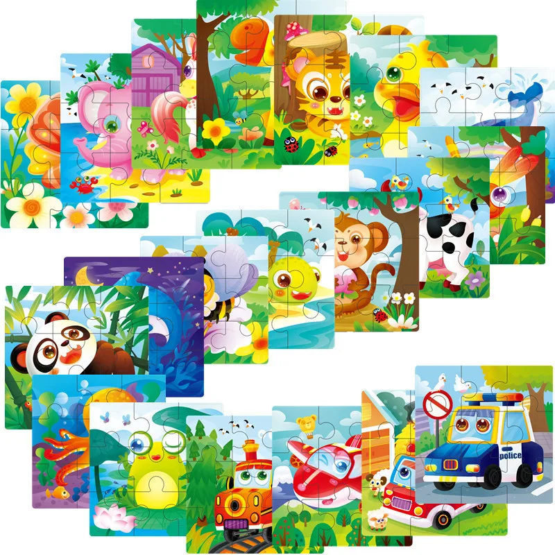 9 PCs Wooden Non-Bottom Frame Small Puzzle Infants Children Early Childhood Educational Cartoon Animal Traffic Anime Jigsaw Puzz