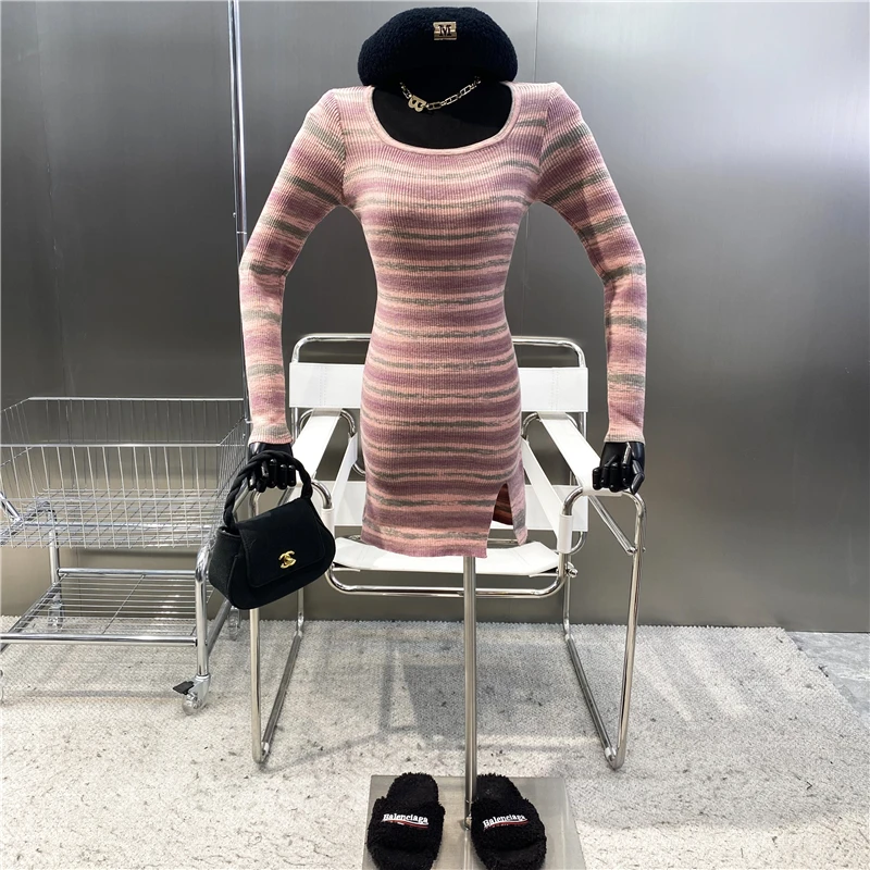 

New 2021 Rainbow Stripe Color Matching Girl Style Slim Elastic Knitted Dress Sexy High Waist Side Split Hip Wrap Dress