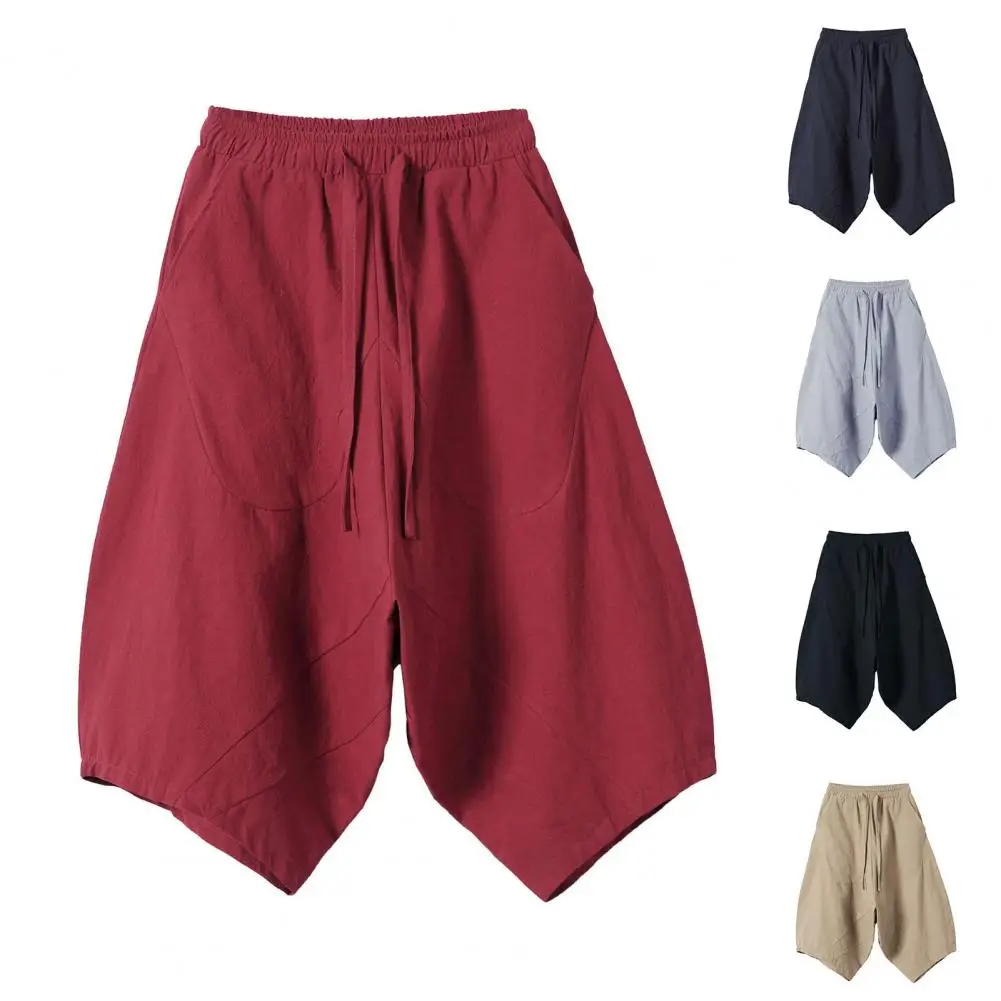 Summer Casual Men Pants Drop Crotch Solid Color Stylish Loose High Waist Baggy Cropped Trousers Multi pockets Short Pants