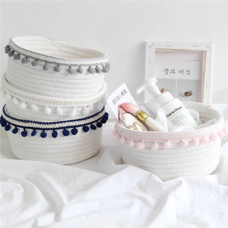 Cotton Rope Handmade Woven Storage Baskets With Pompom Dirty Clothes Laundry Basket Kids Toy Desktop Sundries Organizer Hamper