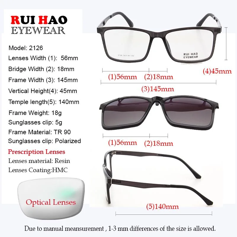 Customize Prescription Eyeglasses and Sunglasses Clip on Polarized Rectangle Glasses Frame Optical Resin Lenses 2126