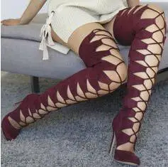 

Diplsoot Woman Army Green Burgundy Gladiator Thigh High Boots Stiletto Heels Pointed Toe Cuts Out Over The Knee Long Boots