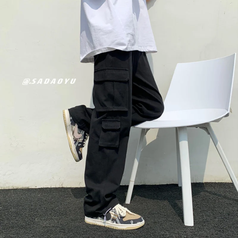 

Multi Pocket overalls men's ins fashion brand spring and autumn loose straight tube ruffian handsome leisure Vintage wide leg