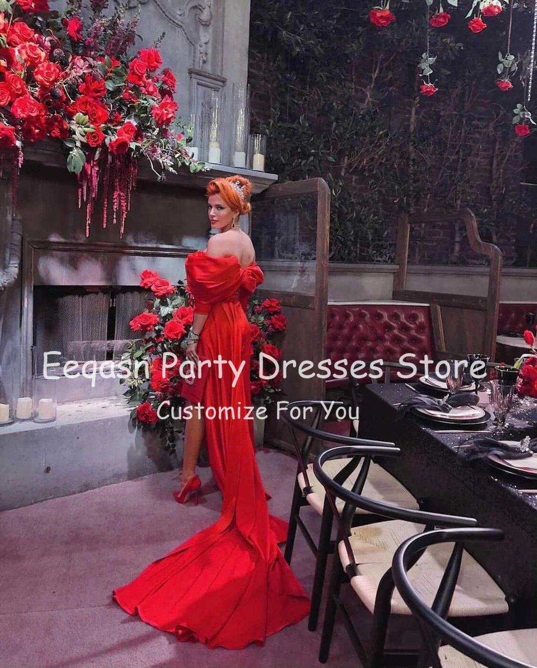 Eeqasn Red Mermaid Long Sleeves Evening Dresses Satin Off The Shoulder High Slit Prom Party Dress Pleated Formal Women Gowns