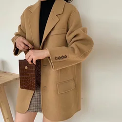 Women Wool Blend Coat Double-sided Cashmere Overcoat Short Suit Woolen Jacket Office Lady Elegant Trendy Button Outwear 2023 New