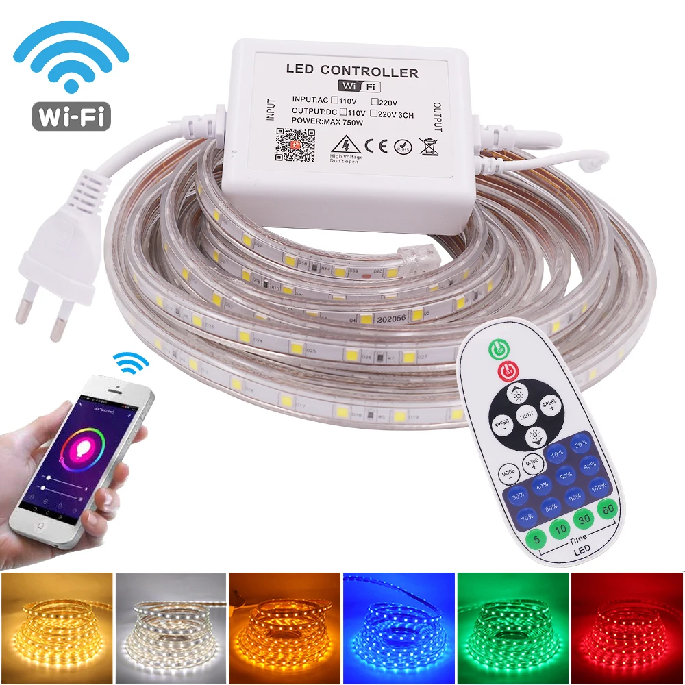 

AC 220V 110V WiFi Tuya Smart LED Strip Light SMD 5050 60Leds/m Flexible Light LED Ribbon Tape with Remote Waterproof Rope Light