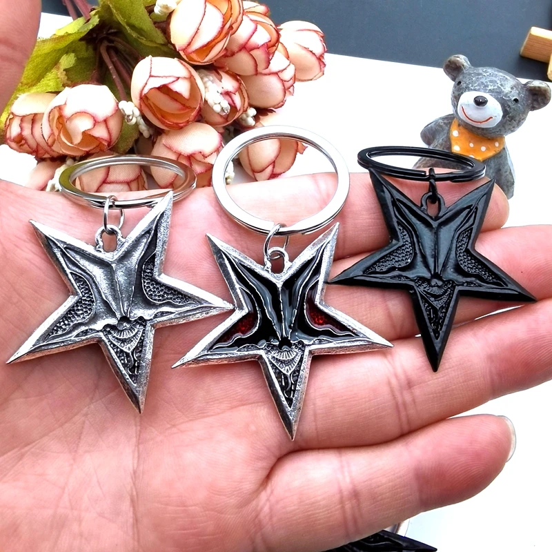 

Vintage Men's Satan Inverted Pentagram Skull Pendant Keychain Men's Punk Demon Chaos Star Skull Keychain Baphomet Jewelry