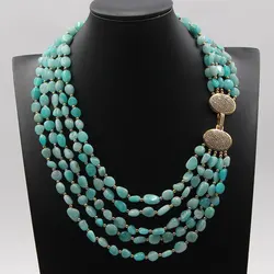 GG 5 Rows Natural Green Peruvian Amazonite Freeform Shape Real Stone Multi Strands Necklace Handmade For Women