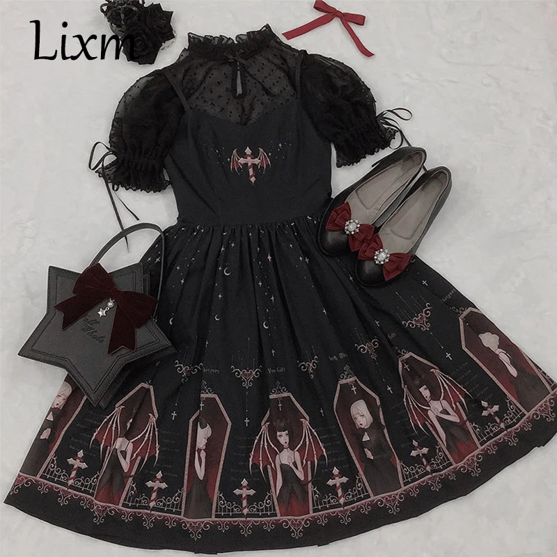 

Japanese Gothic Lolita Jsk Black Dress Women Harajuku Street Fashion Sleeveless Soft Sister Cute Dress Girls White Punk Dresses