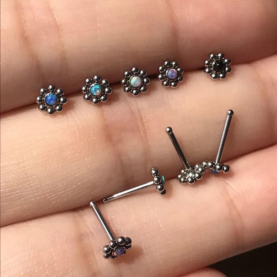 1Pc Opal Nose Piercing Ring 3 Shape L Shape Bone Twist Stainless Steel 0.8mm 20G Flower Nose Studs Piercing Body Jewelry
