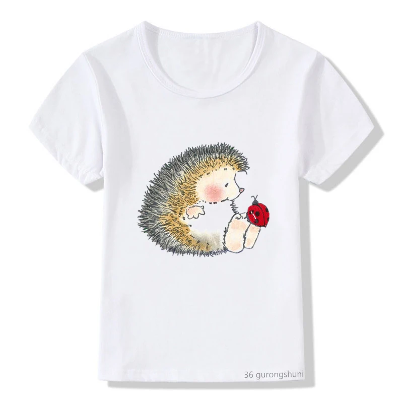 Jeż nadruk kreskówkowy chłopcy/dziewczęta Casual Kids T-shirt Harajuku dziewczyna topy Kawaii T Shirt biały dzieci odzież koszula topy