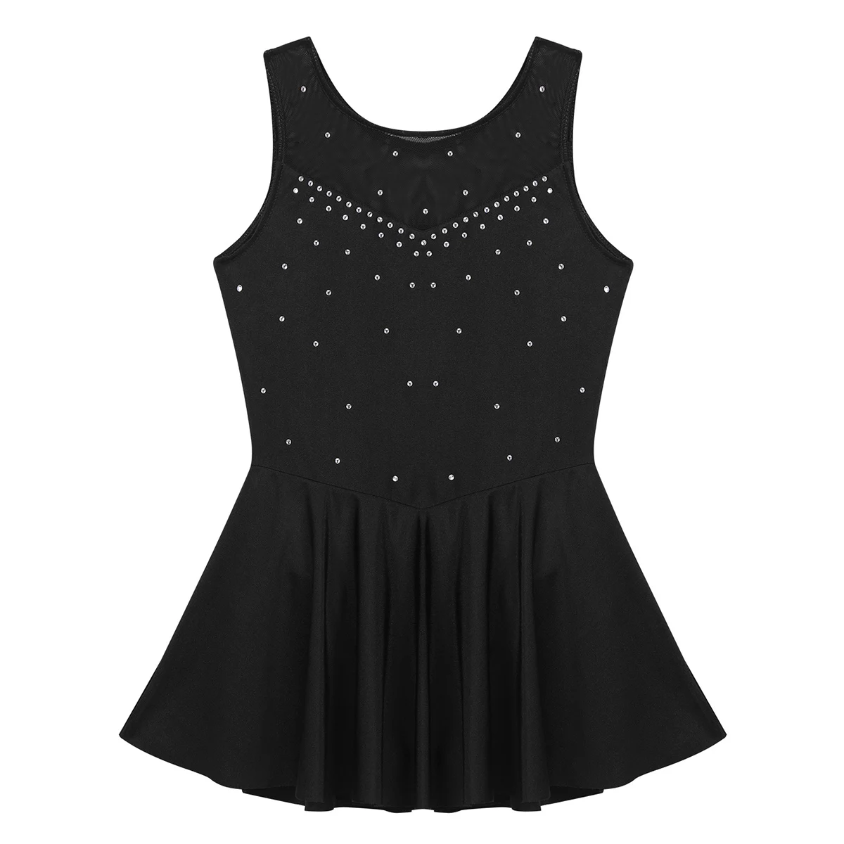 Kids Teens Sparkly Rhinestone Tulle Figure Skating Dress Sleeveless Gymnastics Leotard for Girls Childs Performance Costumes