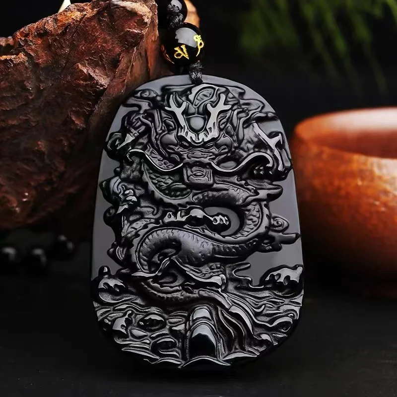 1pcs Natural obsidian pendant Lord Dragon pendant running necklace crystal ornament