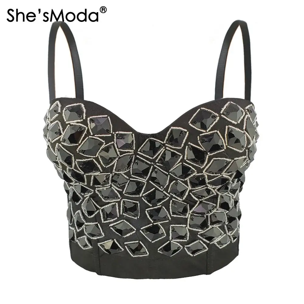 

She'sModa 2020 New Rhinestones Beads Bustier Push Up Night Club Bralette Women's Floral Bra Cropped Top Vest Corset Plus Size