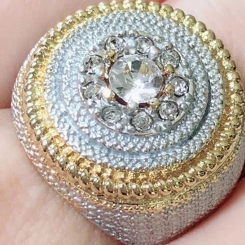 Popular Fashion Clear Cubic Zircon Luxurious Round Men Ring   Wedding Band Male Rings Punk Rock Hip Hop Jewelry