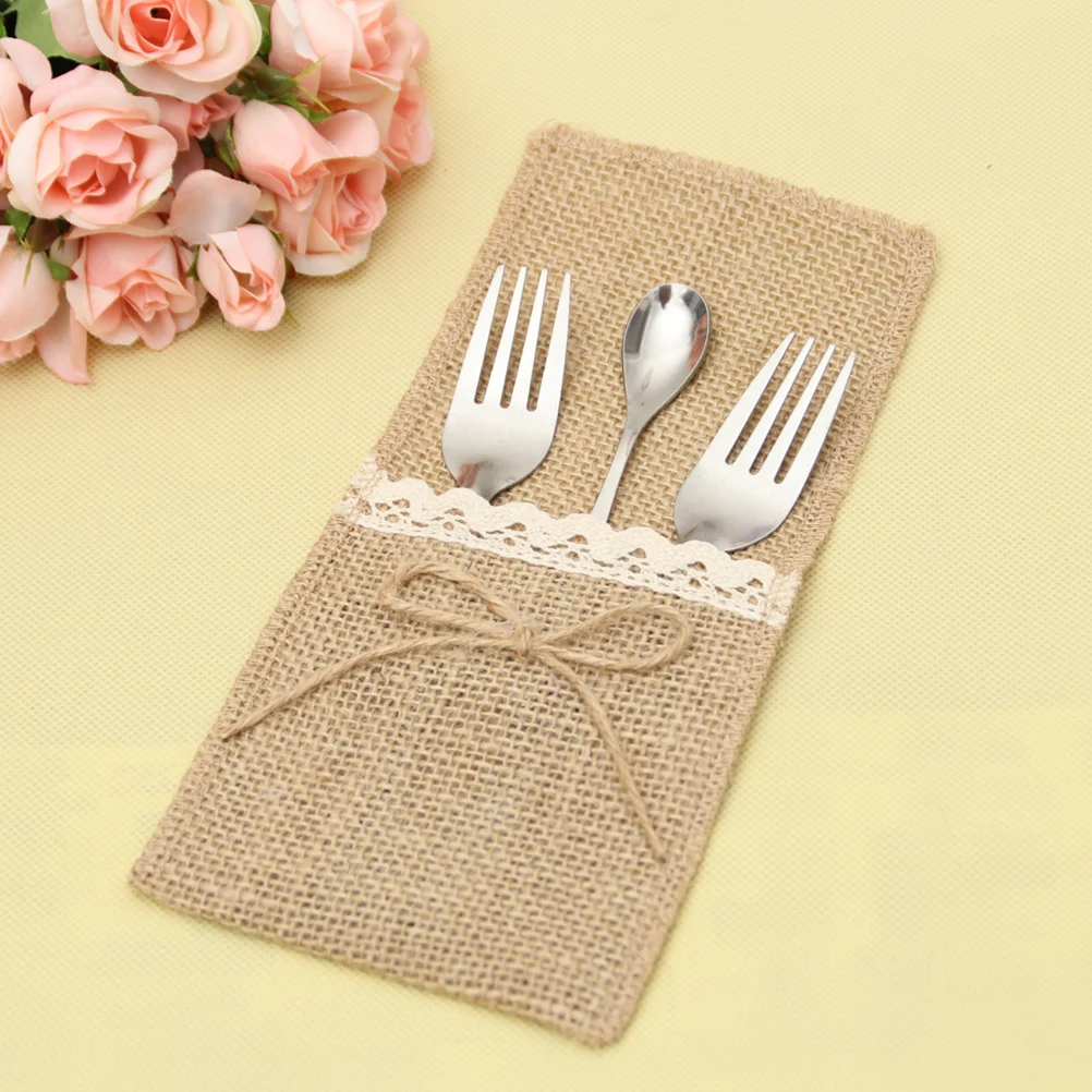 10pcs Burlap Jute Lace Cutlery Pocket Tablecloths Bag For Knives Forks Utensils Holder Vintage Rustic Cutlery Holder