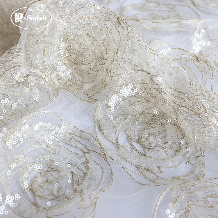 Rose Flower Sequin Embroidery 3D Lace Fabric, Wedding Dress, Dress Sewing Accessories, RS3091