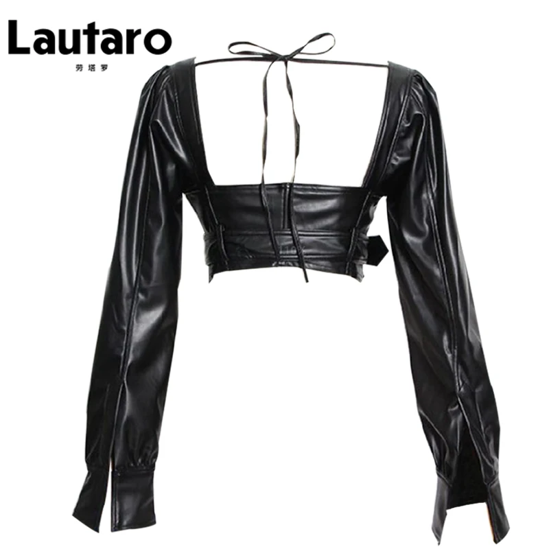 Lautaro Y2k Black Faux Leather Crop Top Women Square Neck Long Sleeve Zipper Cropped Jacket 2021 Sexy Backless Fashion 5xl 6xl