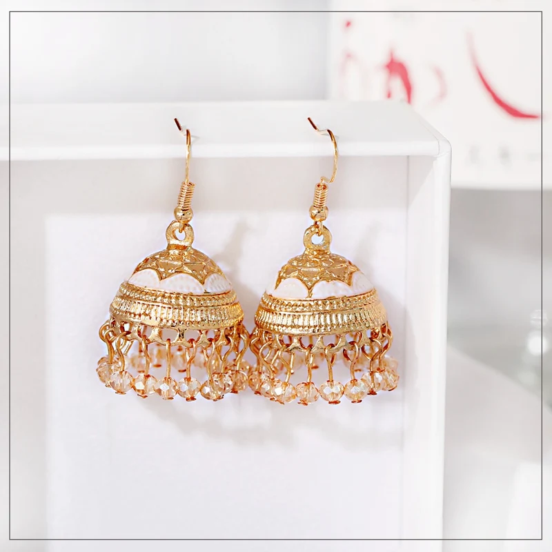 Ethnic Boho Beads Jhumka Earrings Womens 2022 Vintage Turkish Gold Color Carved Alloy Bollywood Bell Dangle Earrings