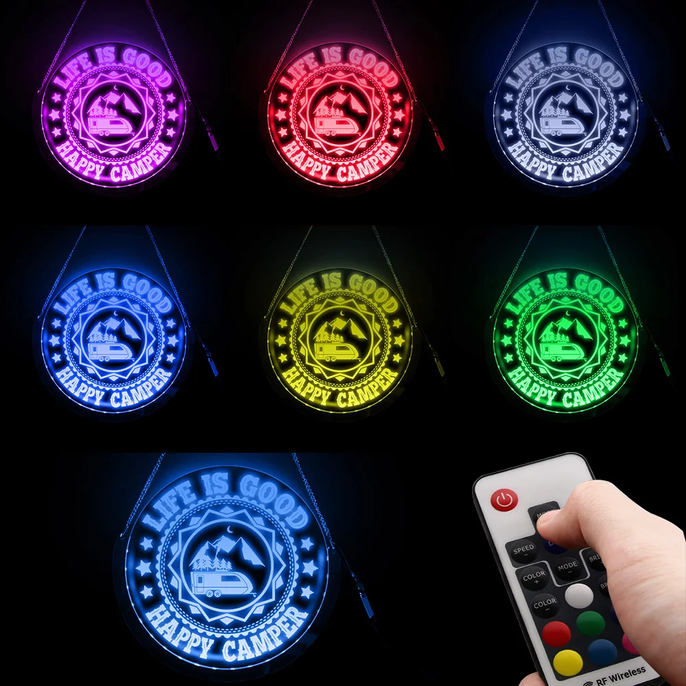 Life Is Good LED Hanging Neon Sign Happy With Camper Decorative Wall Lamp RGB Lighting Remote Control Camping Gift For Traveller