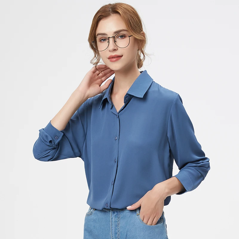 EYM Brand Simple Design Style Women Chiffon Shirts and Tops 2023 Autumn New Lady Casual Solid Long Sleeve White Blouse Clothes