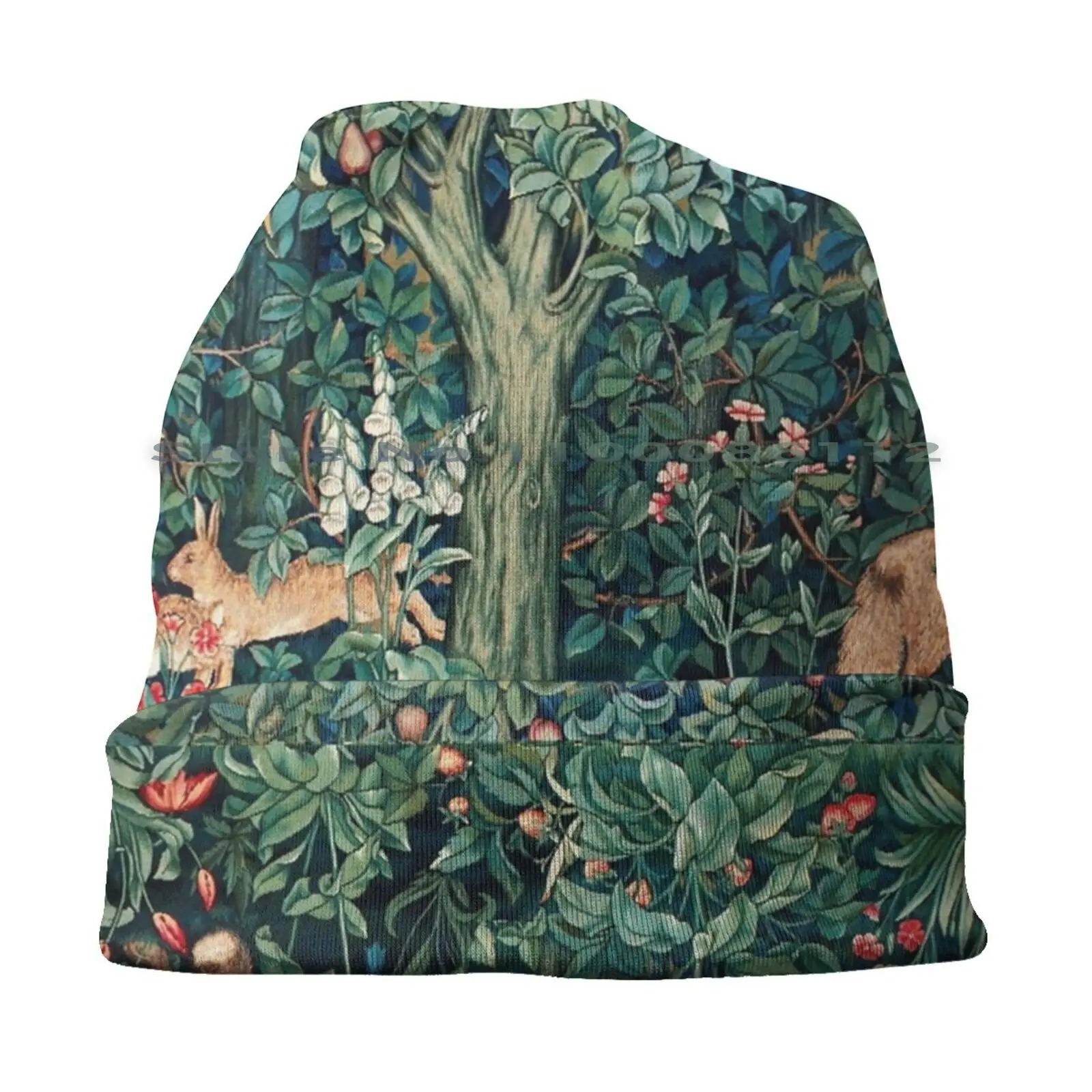 Greenery , Forest Animals Fox And Hares Blue Green Floral Tapestry Bucket Hat Sun Cap Animals Foxes Rabbits Hare Green Flora