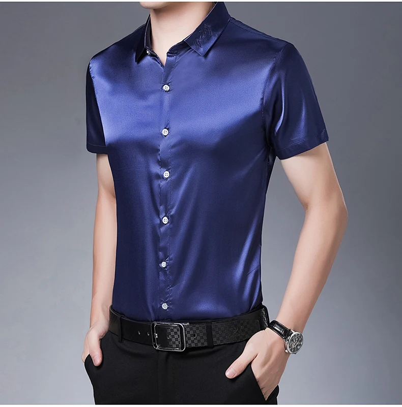 High Quality male short sleeve silk shirt 2017 summer men shirts pure color soft satin silk dress shirts