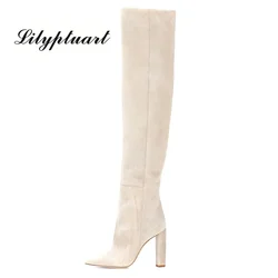 Women's knee-length suede high boots pointed toe thick heel set foot long boots ladies large size winter high heel boots