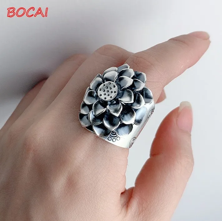 New 999 Sterling Silver Women's Ring Wide Version Three-dimensional Flower Simple Retro Opening Adjustable