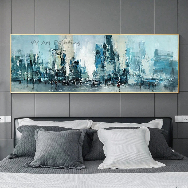 

The Abstract Handmade City Oil Painting Wall Art Picture Blue Canvas Picture Living Room Cuadros Decor Modern Landscape Graph