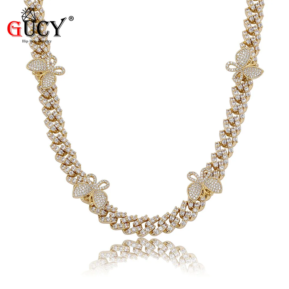 

GUCY 8mm Miami Cuban Link Necklace With Butterfly Women Jewelry AAAA Zircon Charm Men's Hip Hop Chain