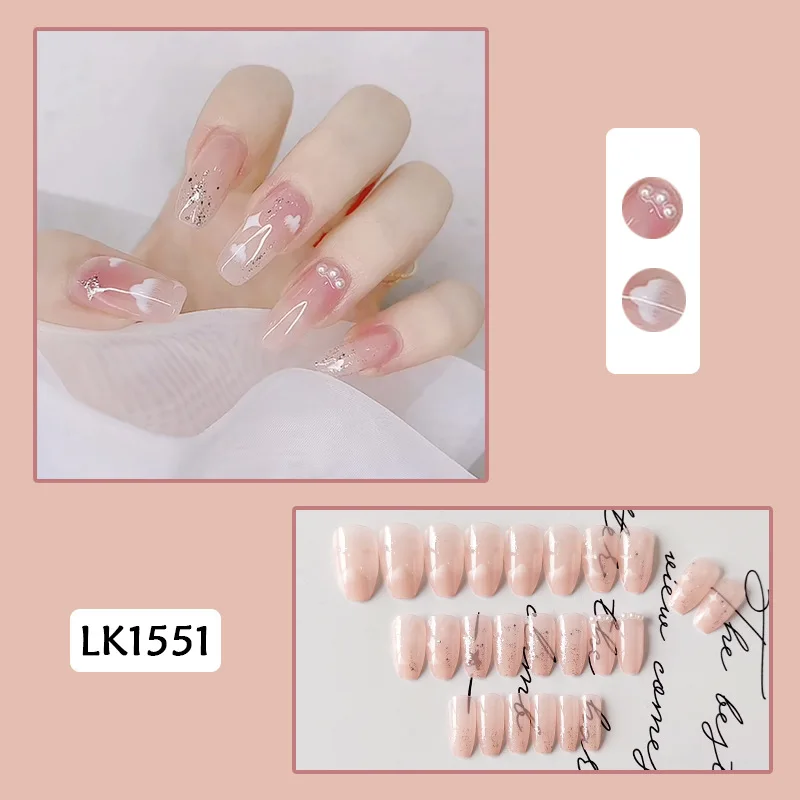 24pcs Clouds Printed Nail Patch Glue Type Removable Long Paragraph Fashion Manicure Save Time False Nail Patch Fake Nails