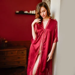 High quality new red elegant female lace stitching satin sleeve embroidery long cardigan nightgown nightdress suit