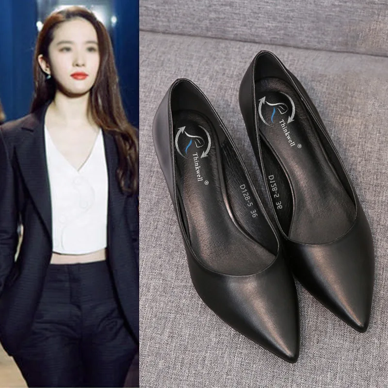 Ladies Genuine Leather Black OL Office Shoes Spring Autumn Fashion Work Shoes Thin Heel Sexy Etiquette Dress Shoes Womens Pumps