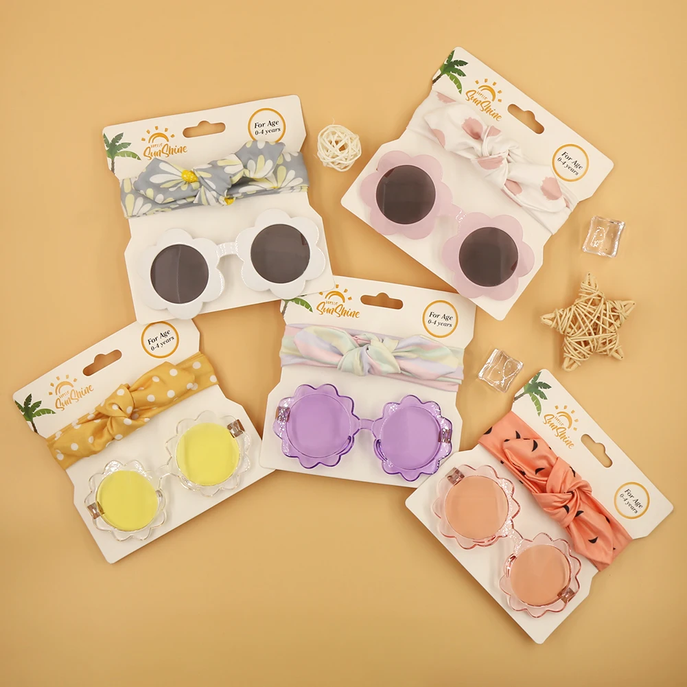 2Pcs/Set Print Fabric Baby Headband with Color Flower Round  Sunglassess Dot Rainbow Seaside Outdoor Headwear Bow Tie Headwraps