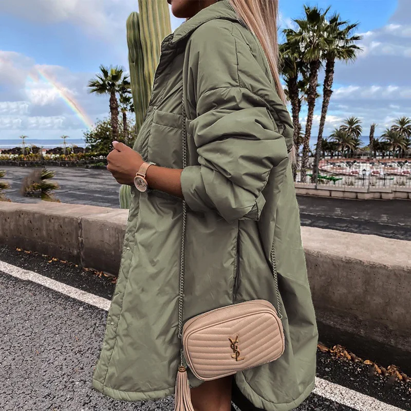 Ardm Casual Winter Jacket Women Quilted Thin Parka Oversize Shirt Coats Femme Green Outerwear Coats Bf Long Sleeve Coat trf 2021