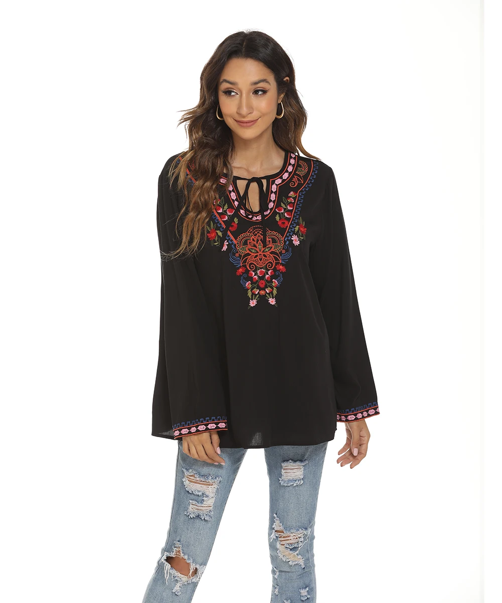 Embroidery Blouse for Women, Plus Size Mexican Shirt, Long Sleeve V-neck, Lace Up Vintage, Ethnic Embroidered Top, Black, Autumn