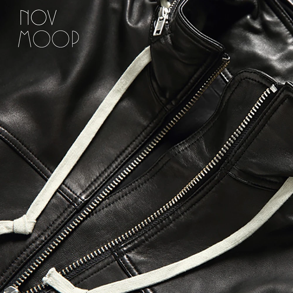 Novmoop European chic style women spring black elastic waist lambskin genuine leather splice hooded jacket chaqueta mujer LT3046