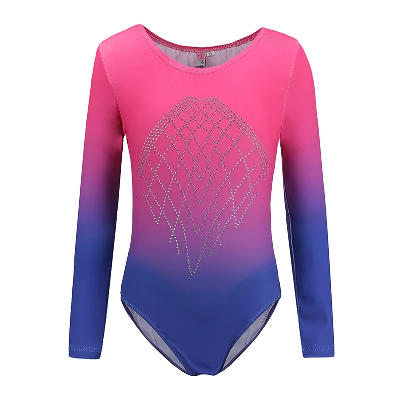 Hot Sale High Quality Shinning Spandex Sublimation Children Long Sleeve Rhinestones Leotard Girl Gymnastics