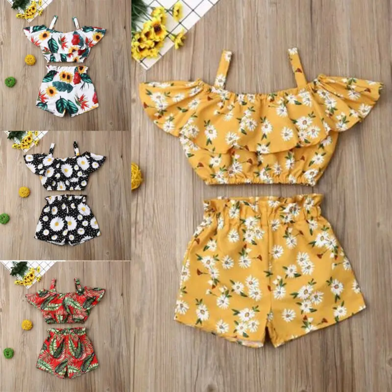 Kids Baby Girl Summer Toddler Outfits Clothes Off Shoulder Ruffles Shirt Tops Shorts Holidays Casual Girls Clothing 2Pcs Set